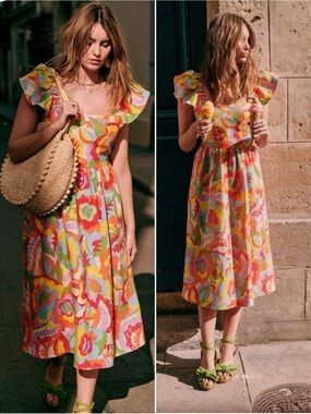 Sezane Melville Floral Puff Sleeve Midi Dress EU 40 US 8